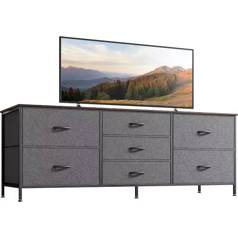 Commode à 7 tiroirs avec plateau en bois et cadre en métal, Armoire de rangement à tiroirs