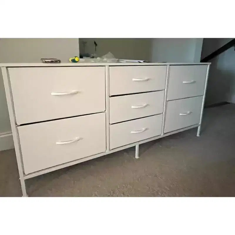 Commode à 7 tiroirs avec plateau en bois et cadre en métal, Armoire de rangement à tiroirs