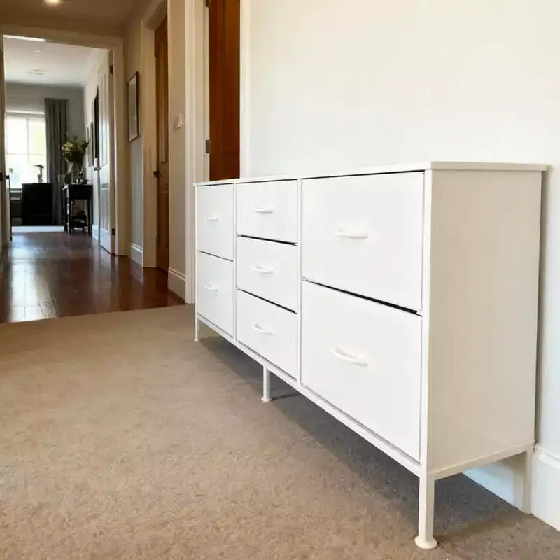 Commode à 7 tiroirs avec plateau en bois et cadre en métal, Armoire de rangement à tiroirs