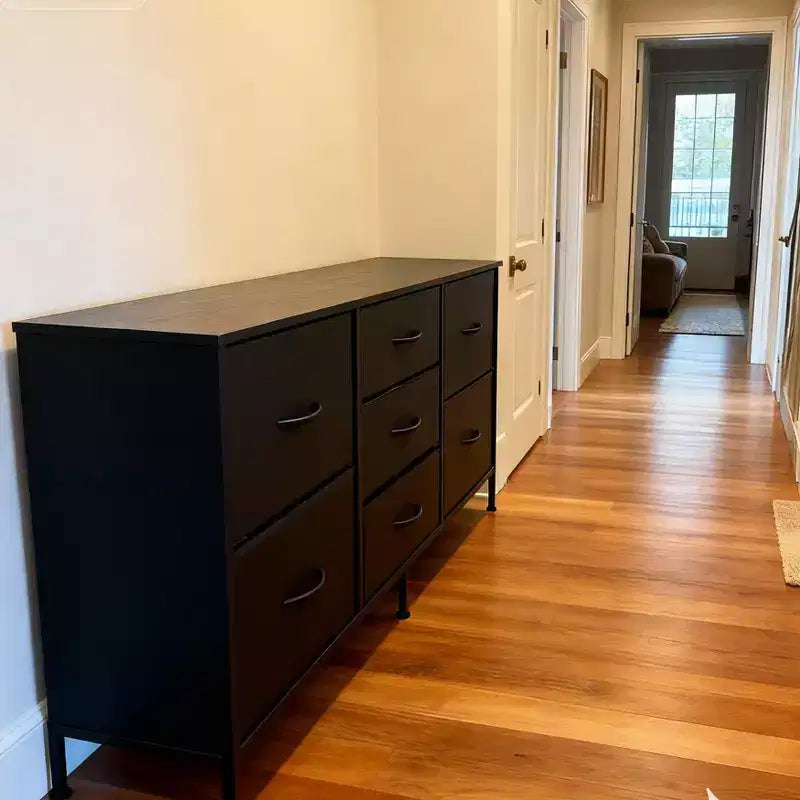 Commode à 7 tiroirs avec plateau en bois et cadre en métal, Armoire de rangement à tiroirs