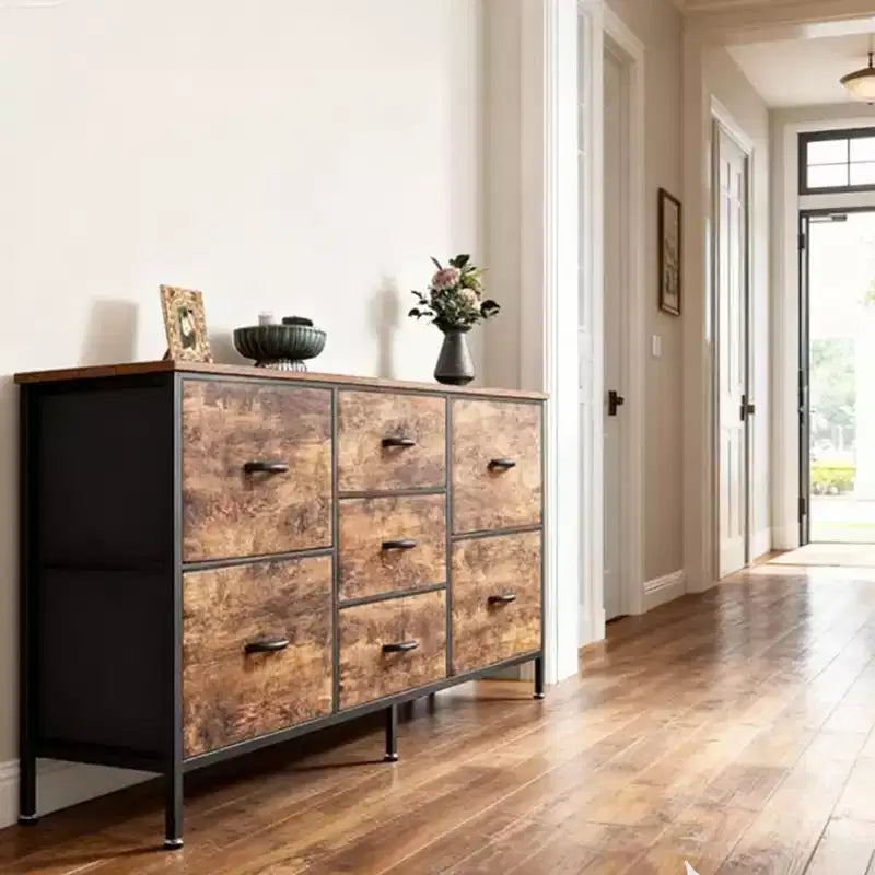 Commode à 7 tiroirs avec plateau en bois et cadre en métal, Armoire de rangement à tiroirs