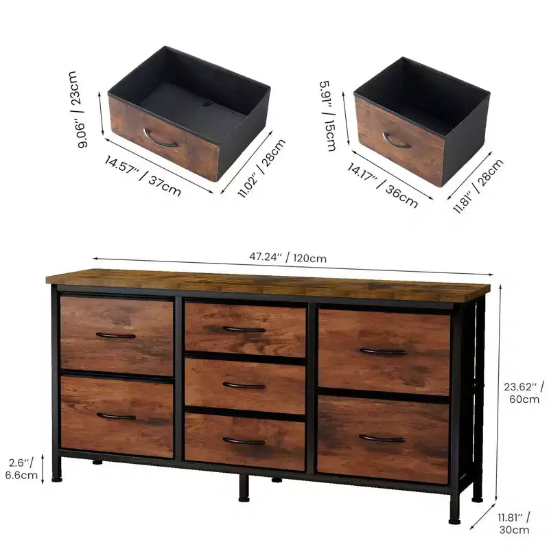 Commode à 7 tiroirs avec plateau en bois et cadre en métal, Armoire de rangement à tiroirs