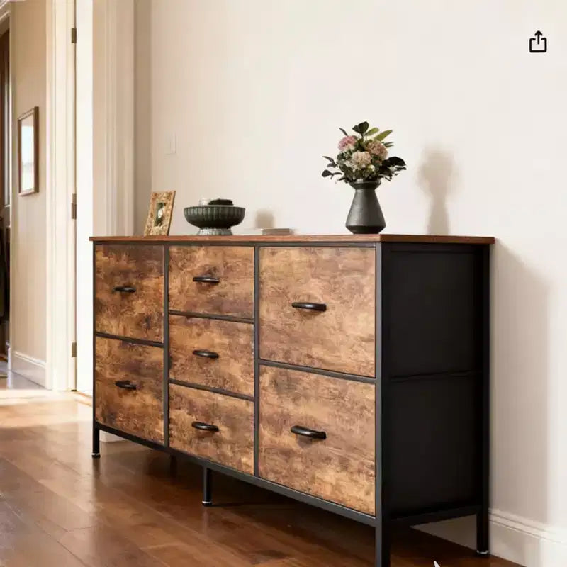 Commode à 7 tiroirs avec plateau en bois et cadre en métal, Armoire de rangement à tiroirs