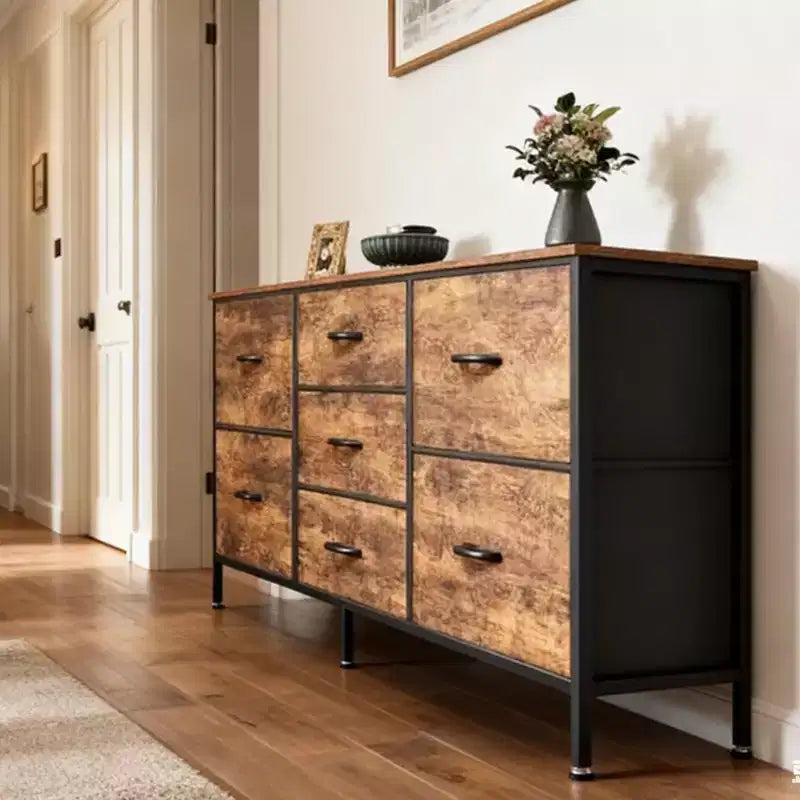 Commode à 7 tiroirs avec plateau en bois et cadre en métal, Armoire de rangement à tiroirs
