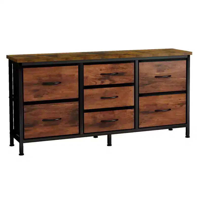 Commode à 7 tiroirs avec plateau en bois et cadre en métal, Armoire de rangement à tiroirs