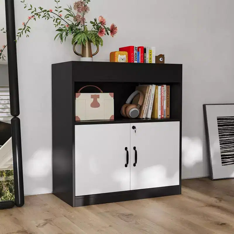 Hitow Black and White Lockable Storage Cabinet Bookshelf Adjustable Shelf Open Shelf Living Room Decor & Storage Unit Pet Gear & Home Organizer