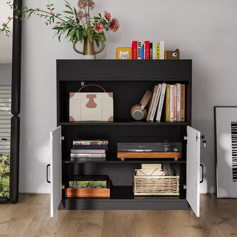 Meuble de rangement verrouillable noir et blanc Étagère Bibliothèque ouverte à tablette réglable