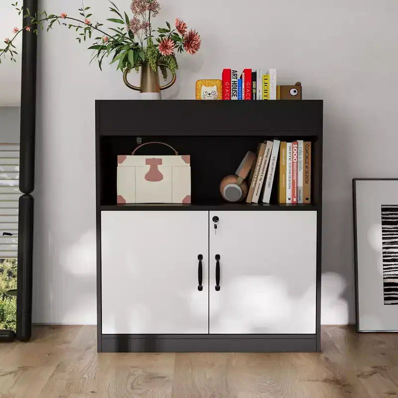 Meuble de rangement verrouillable noir et blanc Étagère Bibliothèque ouverte à tablette réglable