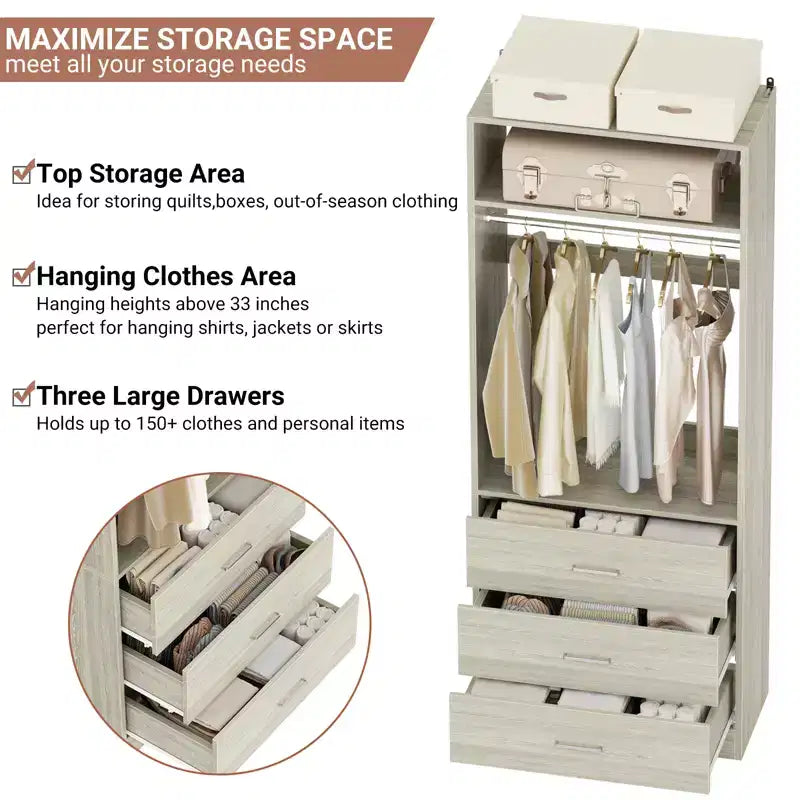 Système de rangement autoportant de 24 po avec 3 tiroirs en bois