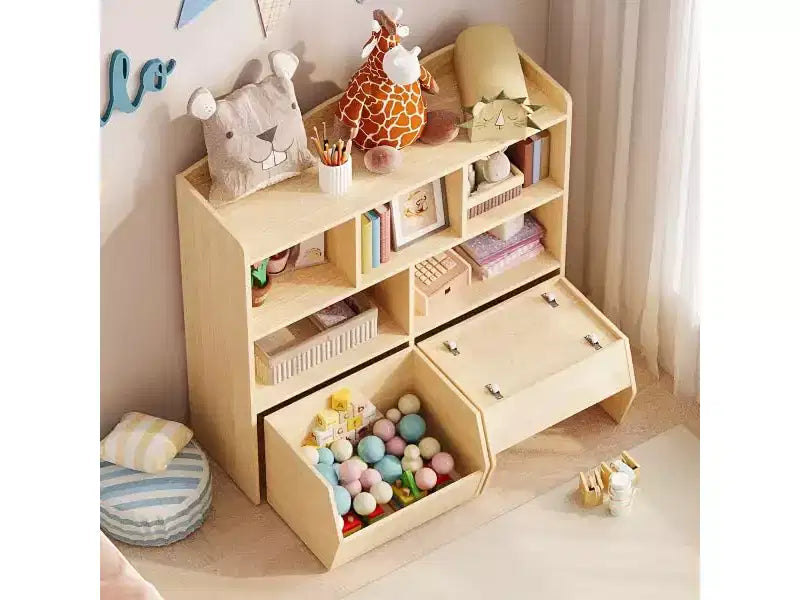 Toy Storage Organizer with Movable Drawers, Kids Bookshelf with Hidden Wheels and 5 Open Cubbies, Multifunctional Floor Storage Chest for Playroom