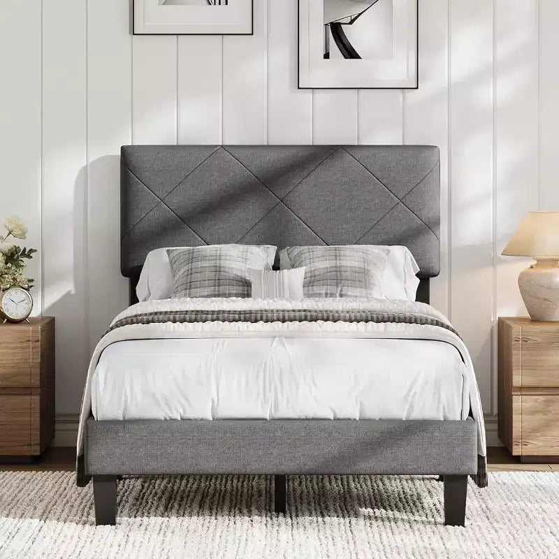 Bed Frame with Upholstered Headboard, Full Size Platform Bed Frame with Wooden Slat Support, Easy Assembly Platform Bed, Gray