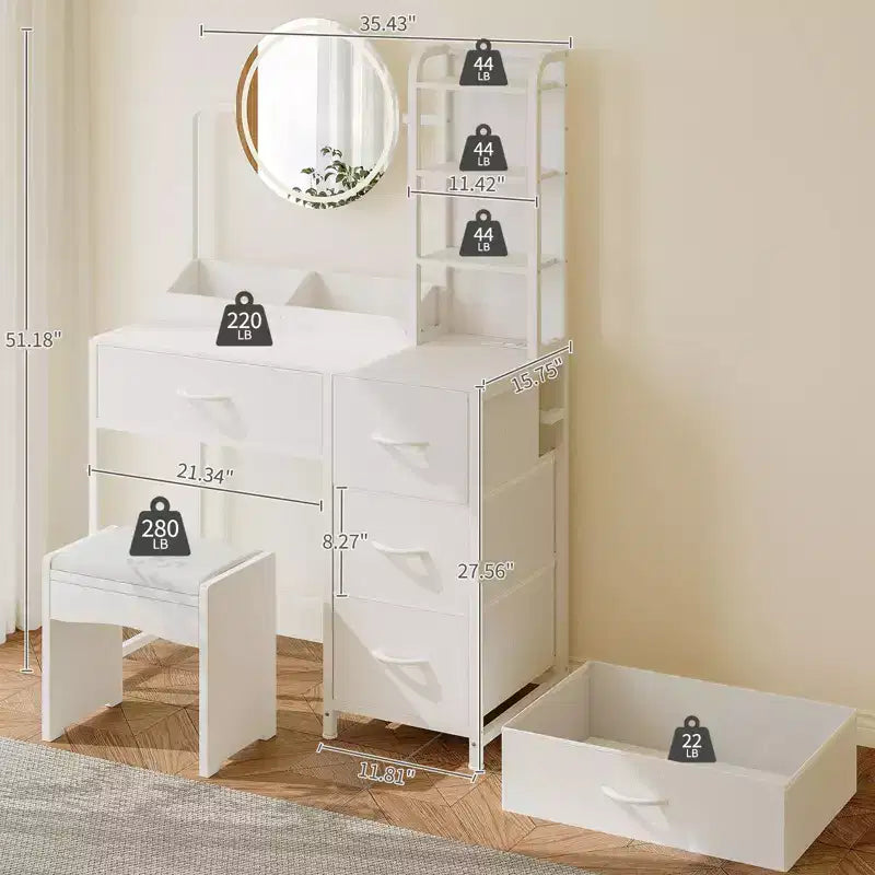 Coiffeuse avec miroir, table de maquillage avec 4 tiroirs, grande coiffeuse