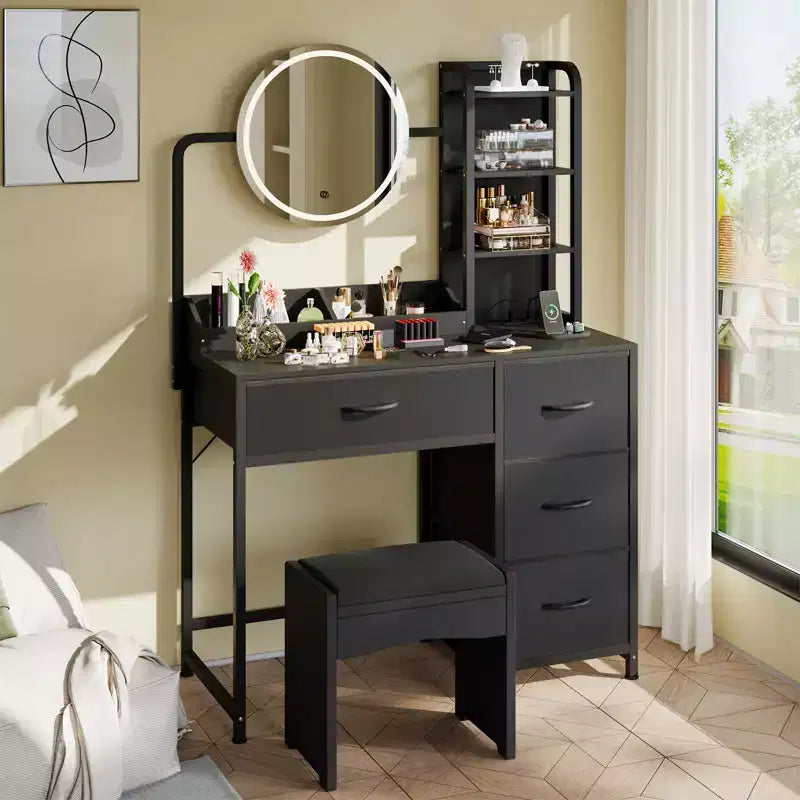 Coiffeuse avec miroir, table de maquillage avec 4 tiroirs, grande coiffeuse