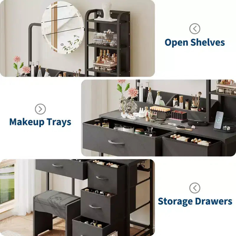 Coiffeuse avec miroir, table de maquillage avec 4 tiroirs, grande coiffeuse