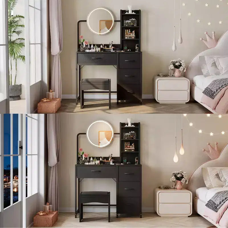 Coiffeuse avec miroir, table de maquillage avec 4 tiroirs, grande coiffeuse