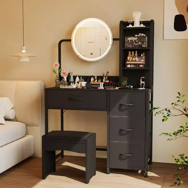 Coiffeuse avec miroir, table de maquillage avec 4 tiroirs, grande coiffeuse