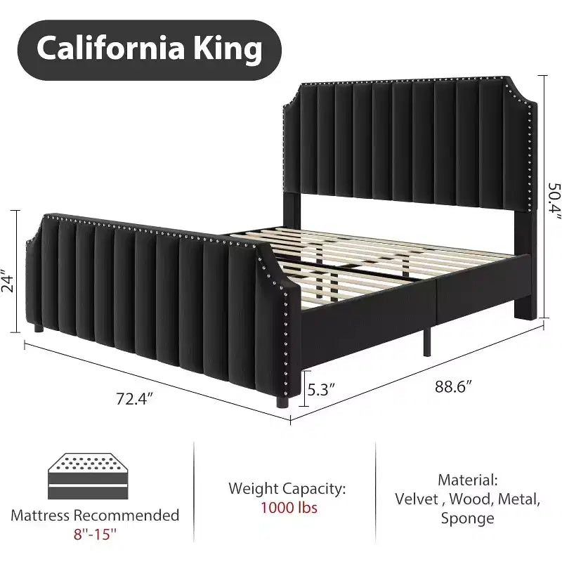 Cadre de lit King size, lit rembourré en velours avec tête de lit capitonnée de 127 cm de haut