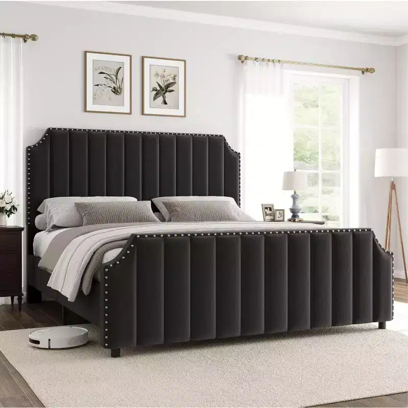 Cadre de lit King size, lit rembourré en velours avec tête de lit capitonnée de 127 cm de haut