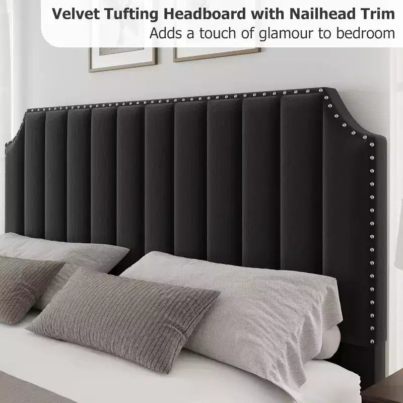 Cadre de lit King size, lit rembourré en velours avec tête de lit capitonnée de 127 cm de haut