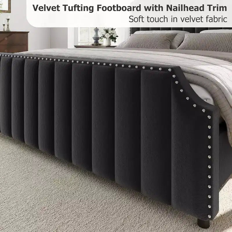 Cadre de lit King size, lit rembourré en velours avec tête de lit capitonnée de 127 cm de haut