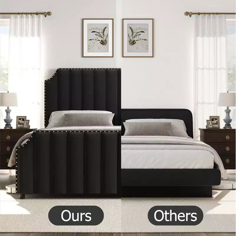 Cadre de lit King size, lit rembourré en velours avec tête de lit capitonnée de 127 cm de haut