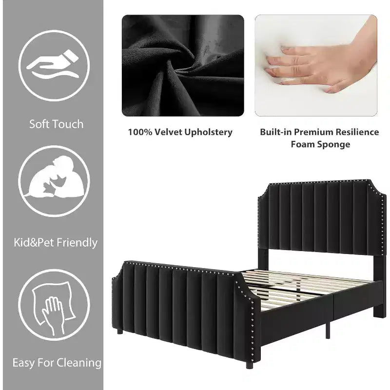 Cadre de lit King size, lit rembourré en velours avec tête de lit capitonnée de 127 cm de haut
