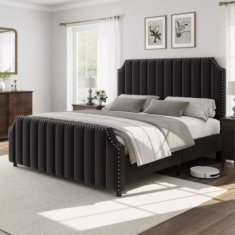 Cadre de lit King size, lit rembourré en velours avec tête de lit capitonnée de 127 cm de haut