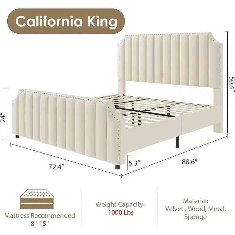 Cadre de lit King size, lit rembourré en velours avec tête de lit capitonnée de 127 cm de haut