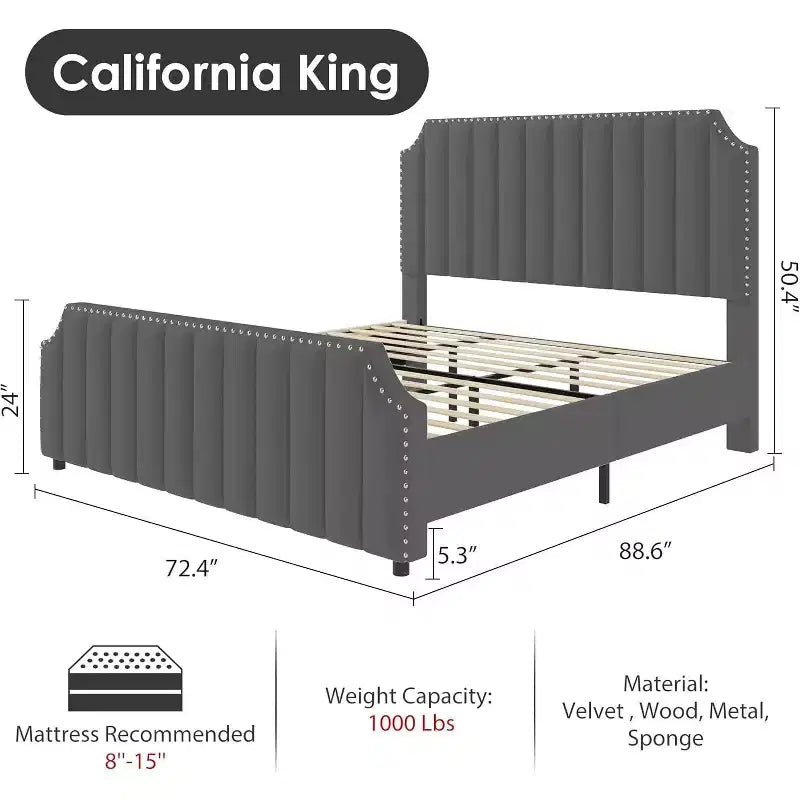 Cadre de lit King size, lit rembourré en velours avec tête de lit capitonnée de 127 cm de haut