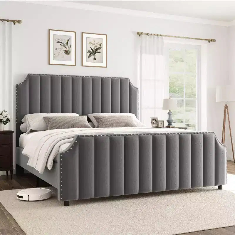 Cadre de lit King size, lit rembourré en velours avec tête de lit capitonnée de 127 cm de haut