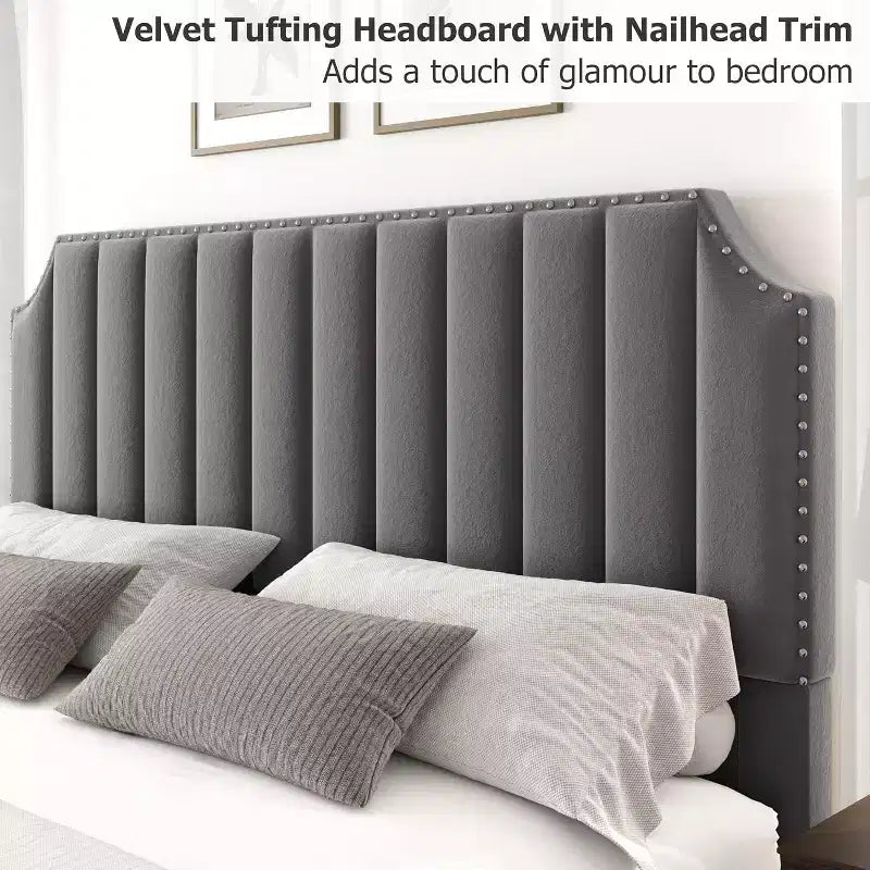 Cadre de lit King size, lit rembourré en velours avec tête de lit capitonnée de 127 cm de haut