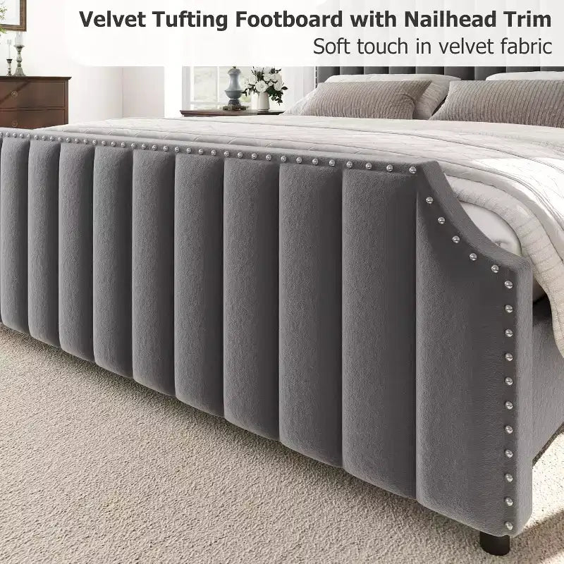 Cadre de lit King size, lit rembourré en velours avec tête de lit capitonnée de 127 cm de haut