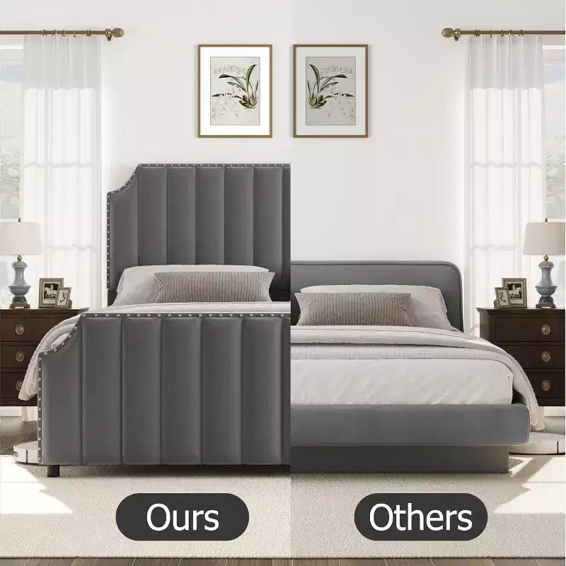 Cadre de lit King size, lit rembourré en velours avec tête de lit capitonnée de 127 cm de haut