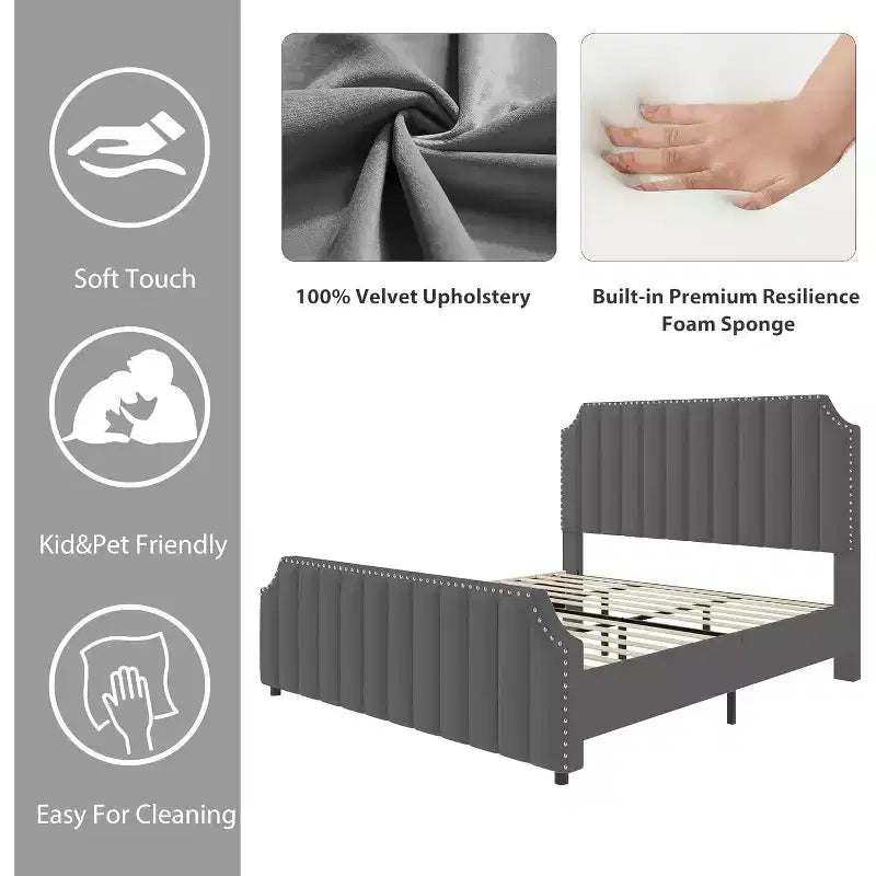 Cadre de lit King size, lit rembourré en velours avec tête de lit capitonnée de 127 cm de haut