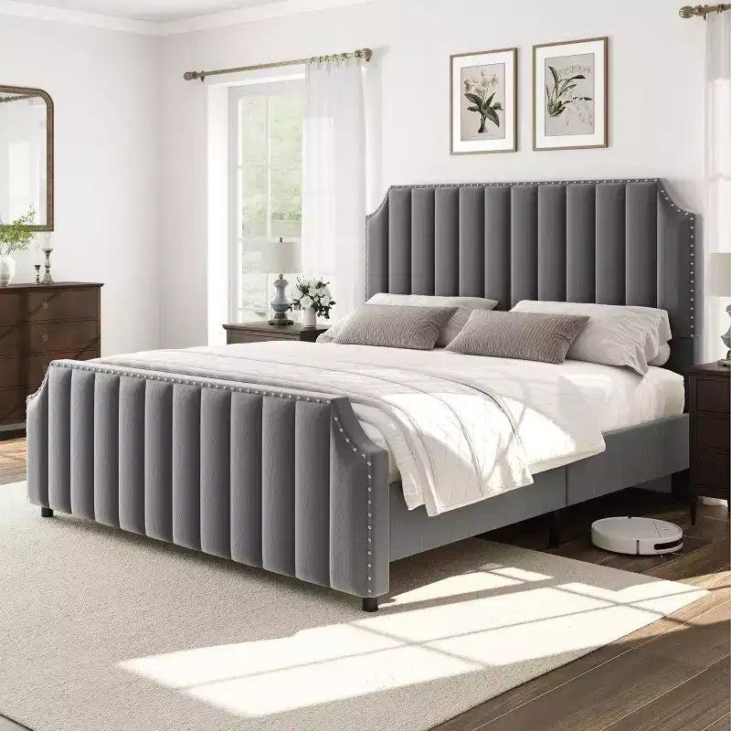 Cadre de lit King size, lit rembourré en velours avec tête de lit capitonnée de 127 cm de haut