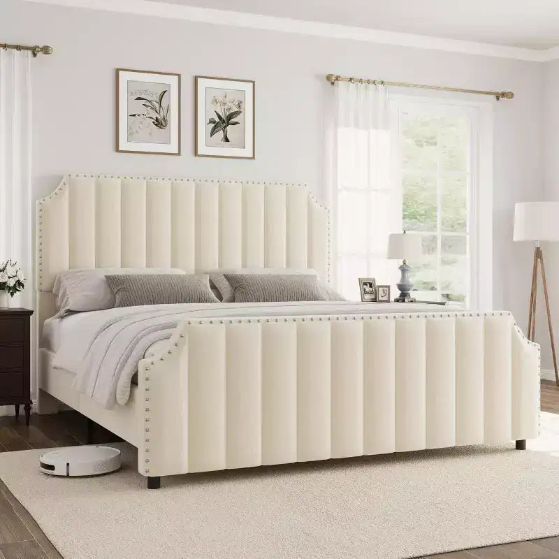 Cadre de lit King size, lit rembourré en velours avec tête de lit capitonnée de 127 cm de haut