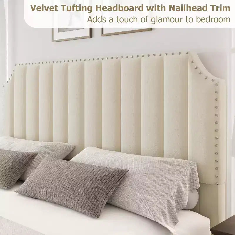 Cadre de lit King size, lit rembourré en velours avec tête de lit capitonnée de 127 cm de haut