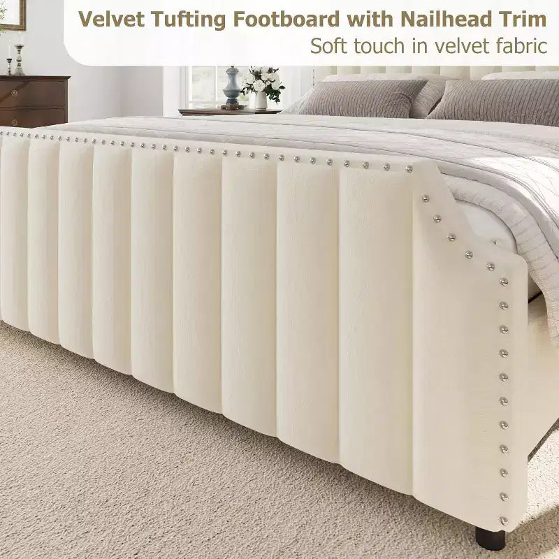 Cadre de lit King size, lit rembourré en velours avec tête de lit capitonnée de 127 cm de haut