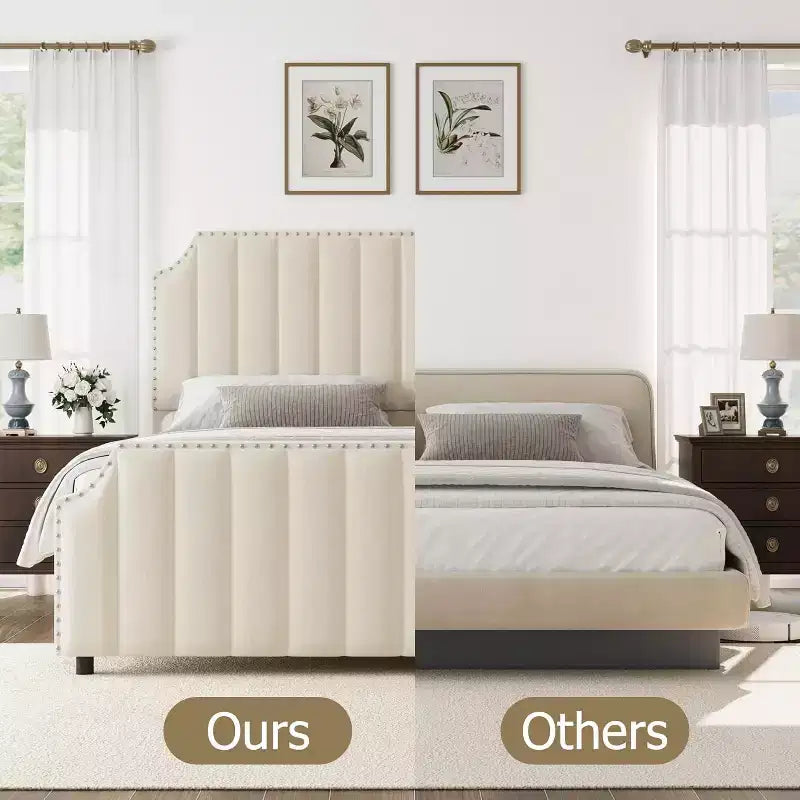 Cadre de lit King size, lit rembourré en velours avec tête de lit capitonnée de 127 cm de haut