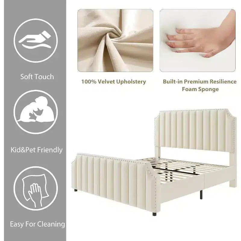 Cadre de lit King size, lit rembourré en velours avec tête de lit capitonnée de 127 cm de haut