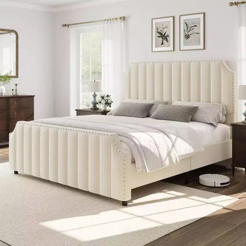 Cadre de lit King size, lit rembourré en velours avec tête de lit capitonnée de 127 cm de haut
