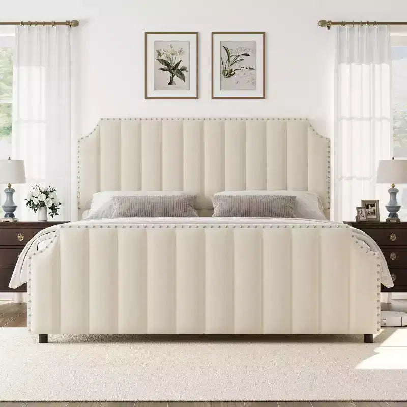 Acekool California King Platform Bed Frame, Velvet Upholstered Bed with 50 in Tall Channel Tufted Headboard