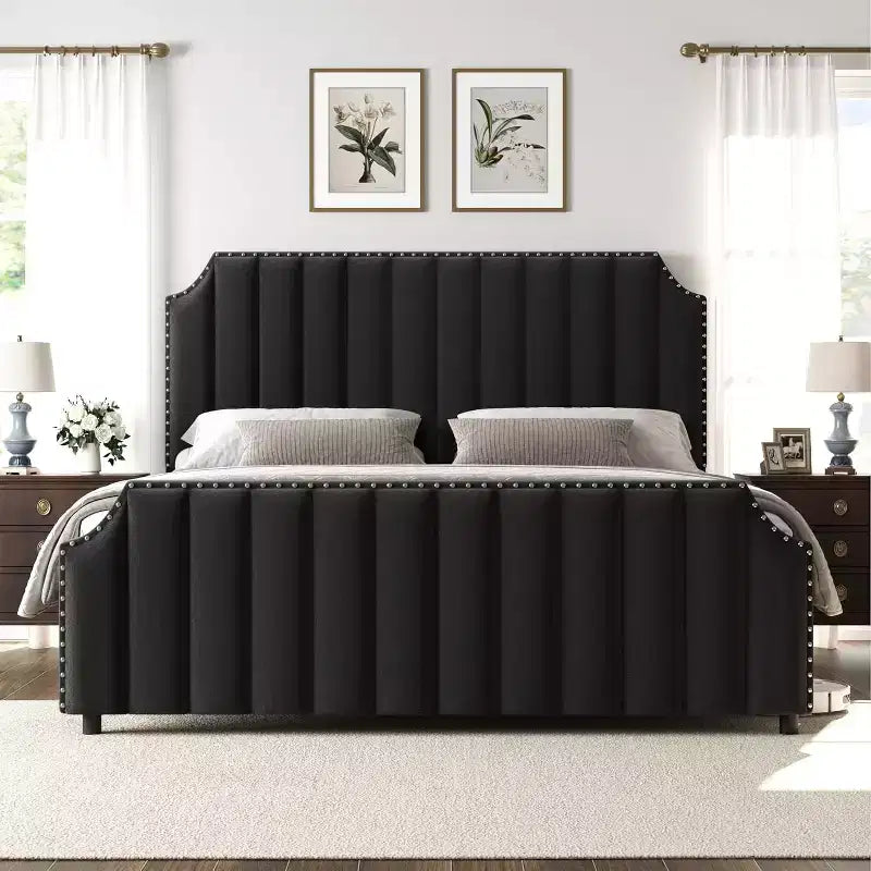Cadre de lit King size, lit rembourré en velours avec tête de lit capitonnée de 127 cm de haut