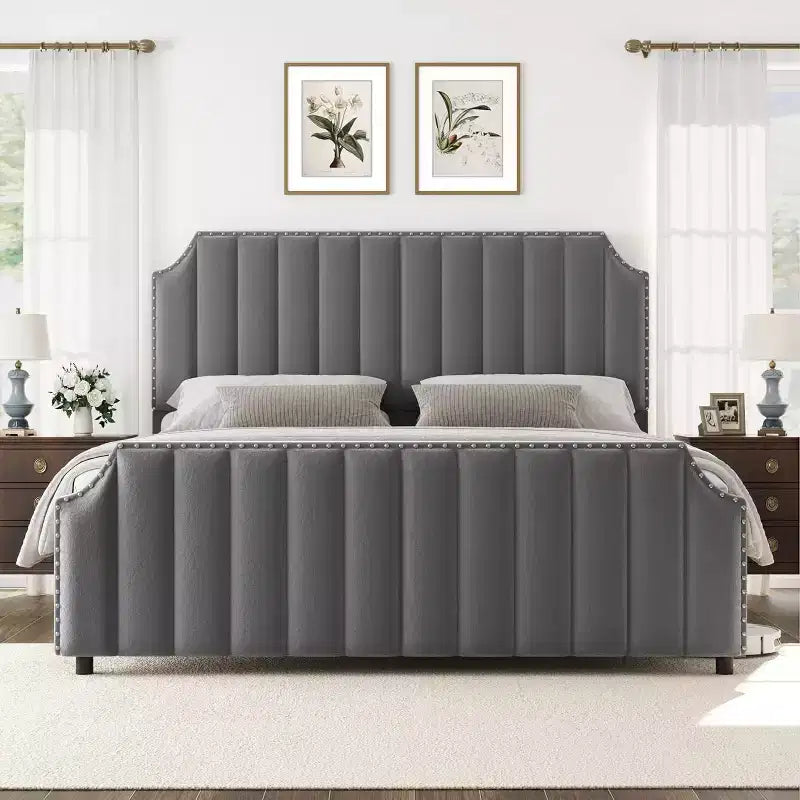 Cadre de lit King size, lit rembourré en velours avec tête de lit capitonnée de 127 cm de haut