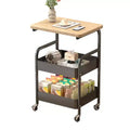 3 Tier Metal Rolling Cart with Wooden Tabletop, Metal Rolling Kitchen Island Cart, Utility Cart Vegetable Storage Rack with Lockable Wheels, White