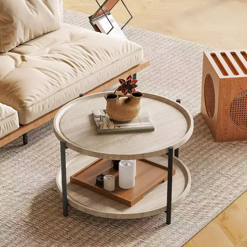30 Inch Round Coffee Table with 2-Tier Storage,Modern Farmhouse Center Table for Living Room & Small Spaces,Sturdy Metal Frame, Natural Oak