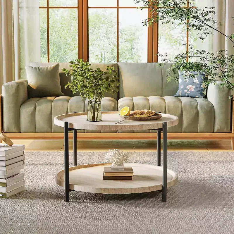 Table basse ronde de 30 pouces avec rangement à 2 niveaux, table centrale de ferme moderne