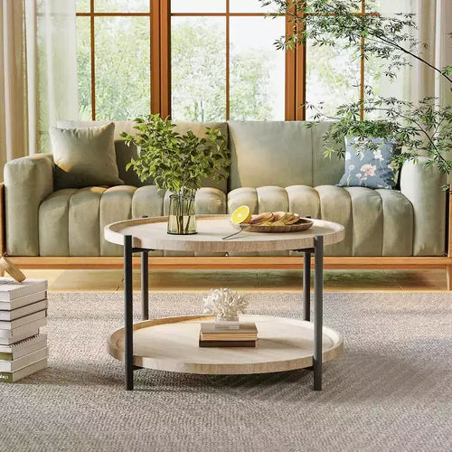 Table basse ronde de 30 pouces avec rangement à 2 niveaux, table centrale de ferme moderne