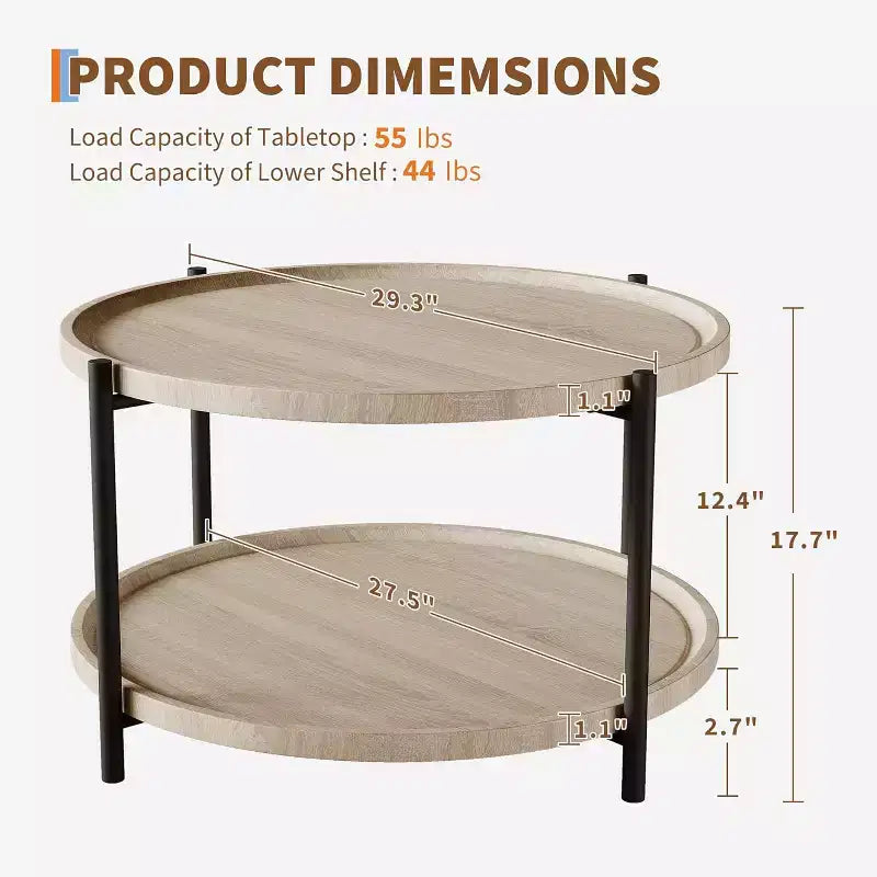 Table basse ronde de 30 pouces avec rangement à 2 niveaux, table centrale de ferme moderne