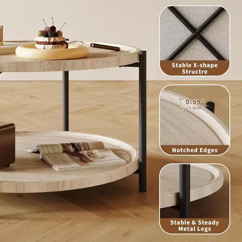 Table basse ronde de 30 pouces avec rangement à 2 niveaux, table centrale de ferme moderne